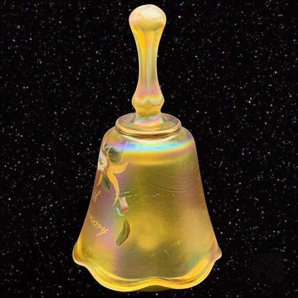 FENTON Glass Hand Painted 50TH ANNIVERSARY IRIDESCENT YELLOW Bell Signed 4”T 2”W - Picture 4 of 5